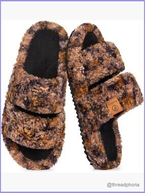 Womens Faux Fur Open Toe Memory Foam Slippers Non Slip Sole